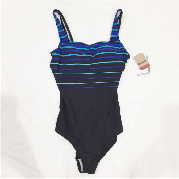 Reebok striped black blue one piece swimsuit NWT - Picture 2 of 7